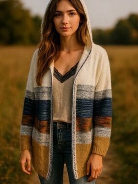 FATE Sienna Cardigan Sweater Womens S Hooded Open Front Boho Colorblock Earthy